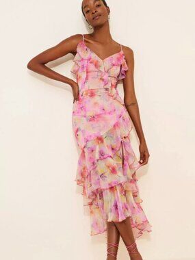 En Saison Amari Maxi Dress Cascading Ruffle Skirt pink floral chiffon size small